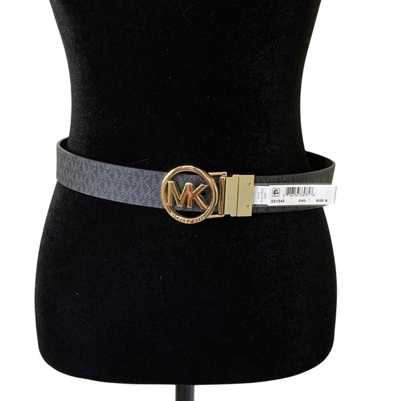 Michael Kors Womens Gray Brown Reversible Belt Gold Buckle Size Small NWT - Picture 1 of 13